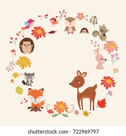 Autumn forest background with animals and flowers.