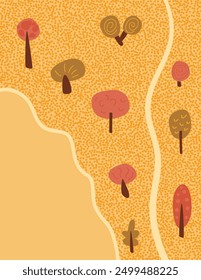 Autumn forest background with copy space. Template for invitation of fall tress with red leaves. Vector hand drawn illustration.