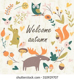 Autumn forest background with cute squirrel, hare, owl, elk, birds, mushrooms and flowers in cartoon style