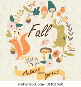 Autumn forest background with cute squirrel, hare,   bird, mushrooms and flowers in cartoon style
