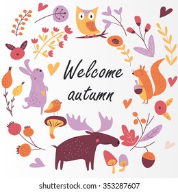 Autumn forest background with cute squirrel, hare, owl, elk, birds, mushrooms and flowers in cartoon style