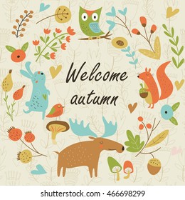 Autumn forest background with cute squirrel, hare, owl, elk, birds, mushrooms and flowers in cartoon style