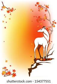 autumn forest background with deer standing among bright maple leaves