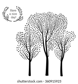 Autumn forest background. Fall leaves and trees card with floral frame. Have a nice day floral greeting card  with tree silhouette. Vector illustration