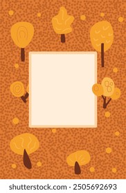 Autumn forest background with frame for text. Template for banners of fall tress with red leaves. Vector hand drawn flat illustration.