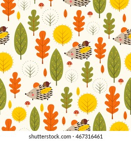 Autumn forest background. Hedgehog and decorative leaves seamless pattern. Baby hedgehog with trees vector illustration. Nature design for textile, wallpaper, fabric.