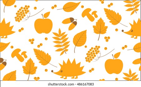 Autumn forest background. Hedgehog and decorative leaves seamless pattern.