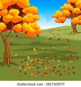 Autumn forest background with leaves falling