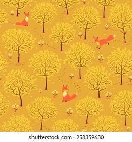 Autumn forest background. Seamless pattern. Foxes, trees and flowers. Vector illustration.