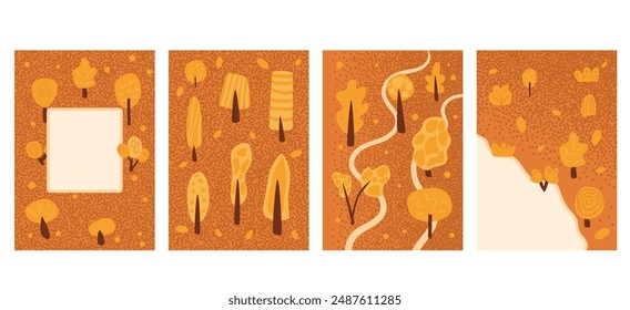 Autumn forest background set with border. Template for banners of fall tress with red leaves with borders. Vector hand drawn illustration.
