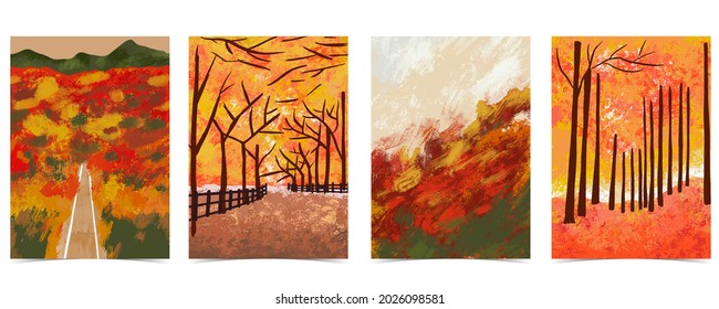 autumn forest background with tree,leaves,sky,road