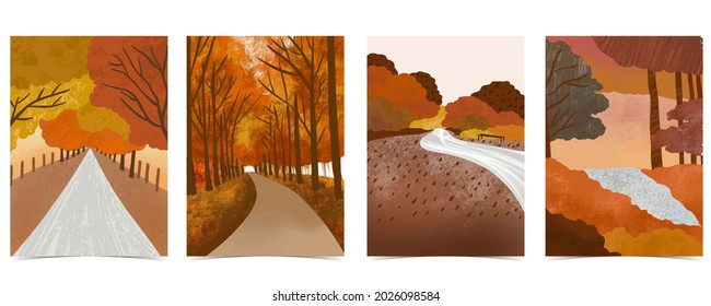 autumn forest background with tree,leaves,sky,road