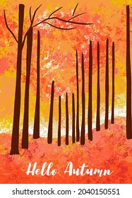 autumn forest background with tree,leaves,sky,road