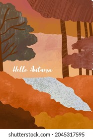 autumn forest background with tree,leaves,sky,road