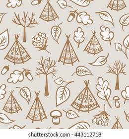 Autumn forest background with trees, leaves, acorns, mushrooms, fruits of mountain ash and teepee tents. Vector illustration.