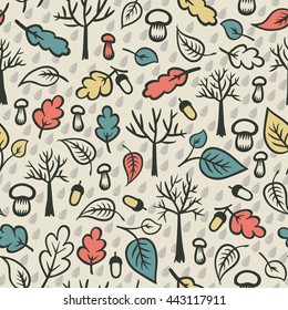 Autumn forest background with trees, leaves, acorns and mushrooms. Vector illustration.