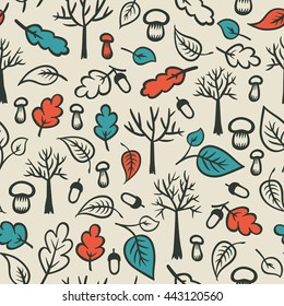 Autumn forest background with trees, leaves, acorns and mushrooms. Vector illustration.