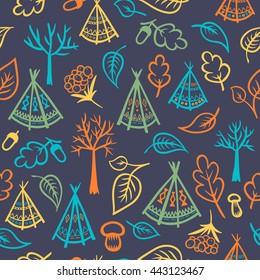 Autumn forest background with trees, leaves, acorns, mushrooms, fruits of mountain ash and teepee tents. Vector illustration.