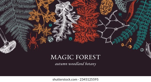 Autumn forest background. Woodland animals, fall leaves, ferns, mushrooms sketches. Fall nature backdrop. Hand-drawn vector illustration. Vintage botanical invitation or greeting card, frame design 