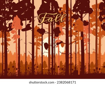 Autumn forest banner, fall trees with, sunset