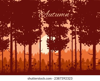 Autumn forest banner, fall trees with, sunset