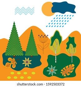 autumn forest and blue sky with rain