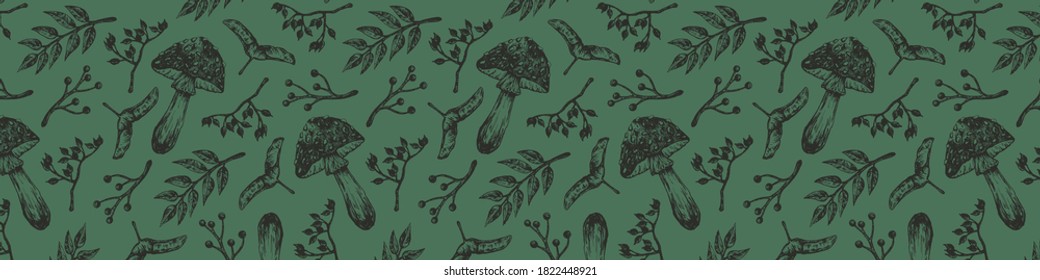 Autumn forest botanic elements. Hand drawn fly agaric mushroom, leaves, branches, samara and berries. Vector illustration. Banner with natural pattern.