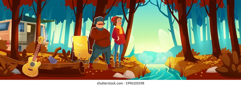 Autumn forest with brook, camp and people. Vector cartoon landscape of woods with orange grass and leaves on trees, river, campsite with van, chair, guitar and tourists