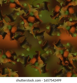 Autumn forest camouflage of various shades of green, orange and black colors. It is a colorful seamless pattern that can be used as a camo print for clothing and background and backdrop or wallpaper