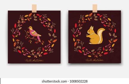 Autumn forest card with squirrel bird mashroom tree leaf branch.Vector hand drawn vintage background set.