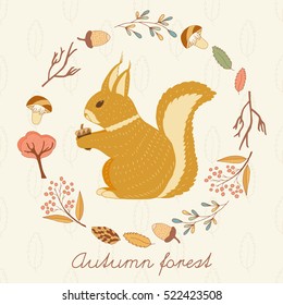 Autumn forest card with squirrel bird mashroom tree leaf branch.Vector hand drawn vintage background set.
