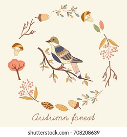 Autumn forest card with squirrel bird mashroom tree leaf branch.Vector hand drawn vintage background set.