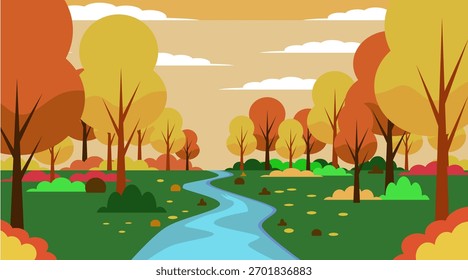 Floresta de outono com árvores coloridas e rio sinuoso sob céu nublado