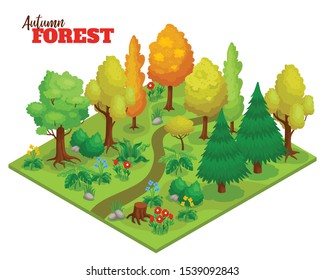 Autumn forest concept with trees flowers and path isometric  vector illustration - Shutterstock ID 1539092843