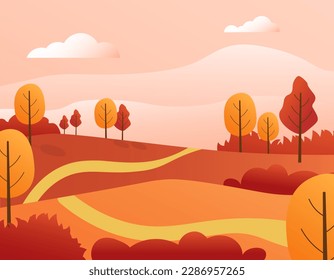 Bosque otoñal y carretera rural. Árboles coloridos y luminosos con personalidad, campos rurales y prados. Dibujo vectorial en un estilo plano con gradientes. Ilustraciones para banners, fondos, publicidad