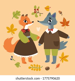 Autumn forest couple. Cute fox and wolf in vintage clothing. Fairy-tale characters for children's book, postcard