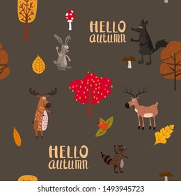 Autumn forest cute animals seamless pattern with Hello Autumn lettering trees leaves trendy flat cartoon style