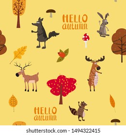 Autumn forest cute animals seamless pattern with Hello Autumn lettering trees leaves trendy flat cartoon style