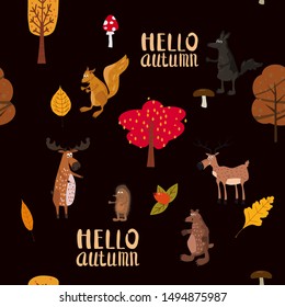 Autumn forest cute animals seamless pattern with Hello Autumn lettering trees leaves trendy flat cartoon style