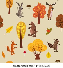 Autumn forest cute animals seamless pattern with trees leaves trendy flat cartoon style