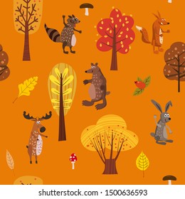 Autumn forest cute animals seamless pattern with trees leaves trendy flat cartoon style