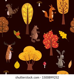 Autumn forest cute animals seamless pattern with trees leaves trendy flat cartoon style