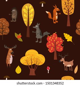 Autumn forest cute animals seamless pattern with trees leaves trendy flat cartoon style