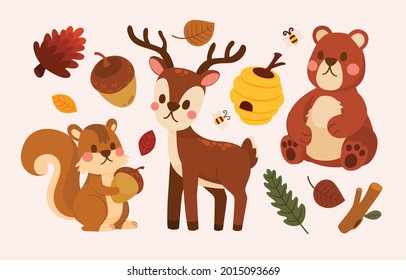 Autumn Forest Cute Animals, Vector, Illustration, Character