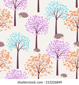 Autumn forest with cute hedgehohs (vector seamless pattern)