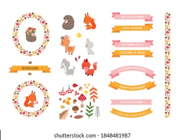 Autumn forest design set. Illustrations of cute woodland animals, autumn floral design elements, ribbons and frames. Can be used for greeting cards, invitations or banners. Vector 8 EPS.