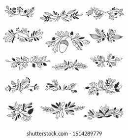 Autumn Forest Doodle Vignettes. Hand Drawn Floral Ornamental Design Elements