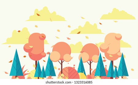 Autumn forest with firs and trees isolated on white background