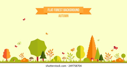 Autumn forest flat background. Simple and cute landscape for your design