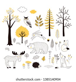 Autumn forest flat hand drawn illustrations set. Woody flora and fauna design elements. Woodland animals and trees clip-arts. Isolated scandinavian decorative nature wildlife creatures and plants.